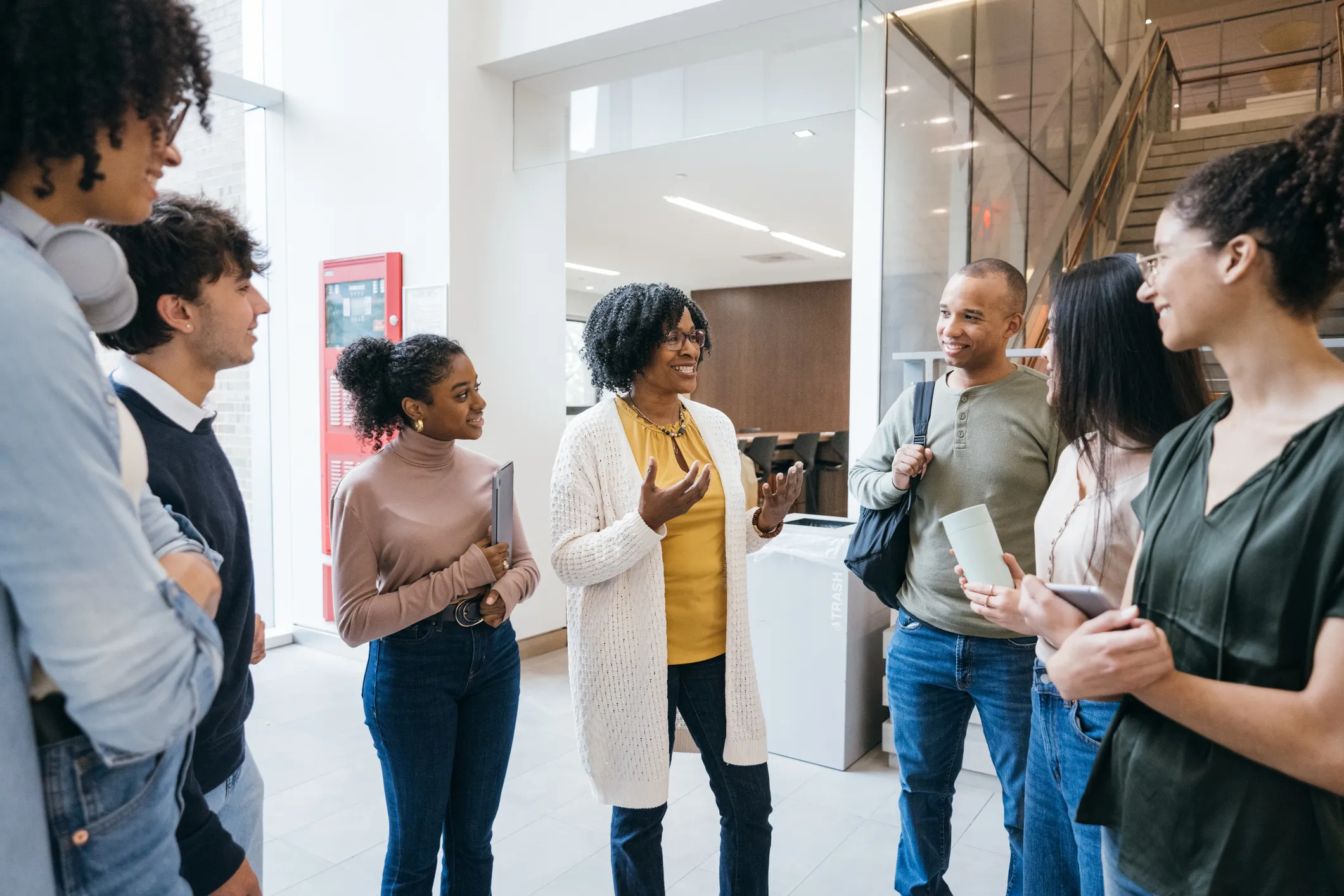 Students talking in a campus building